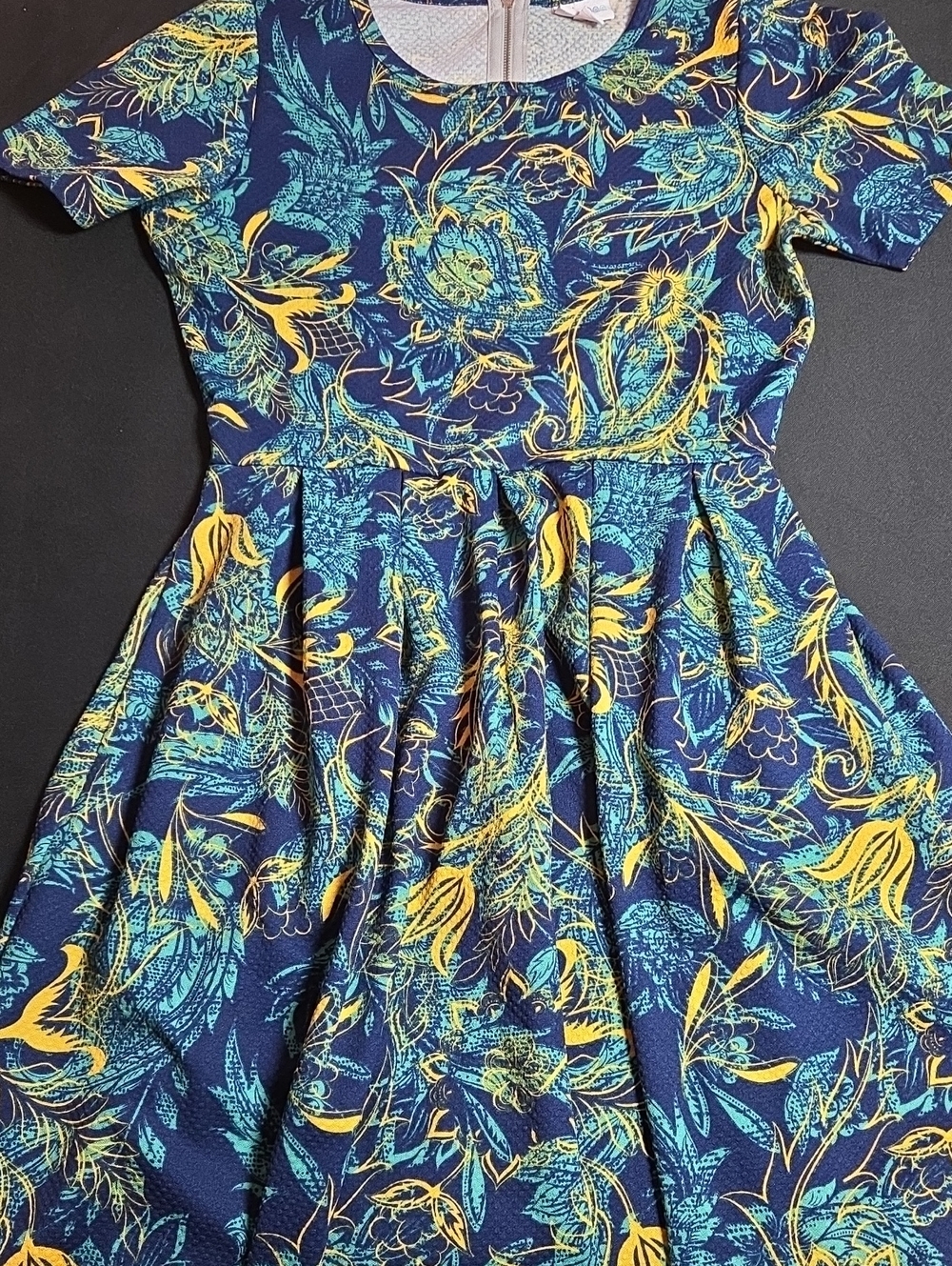 LuLaRoe Amelia Navy Dress with Teal & Yellow Floral Print